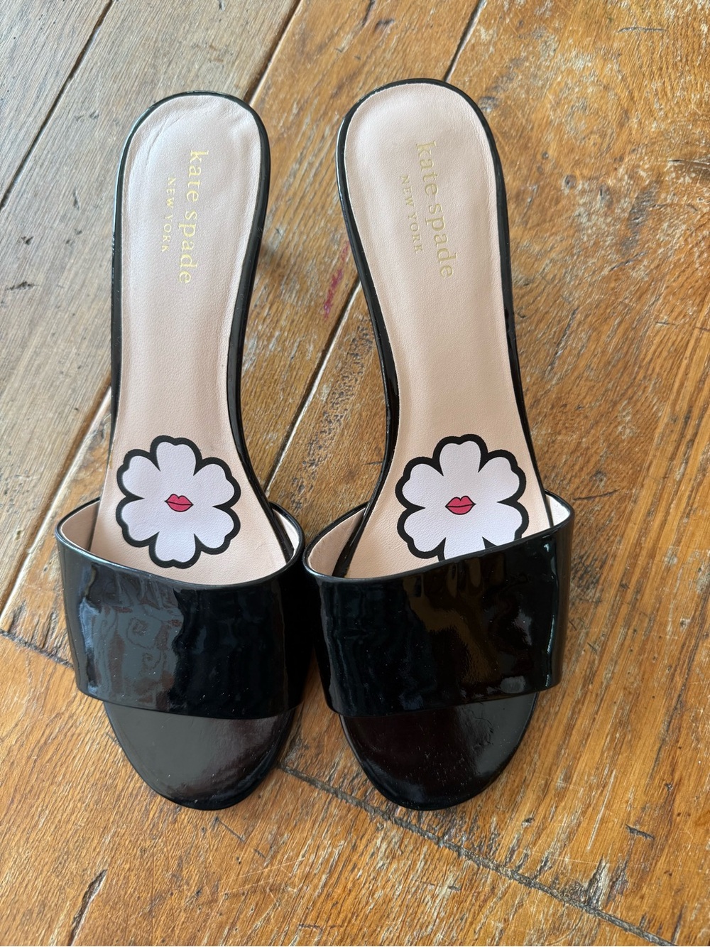 kate spade Black Patent Slide Mules with Floral Insole